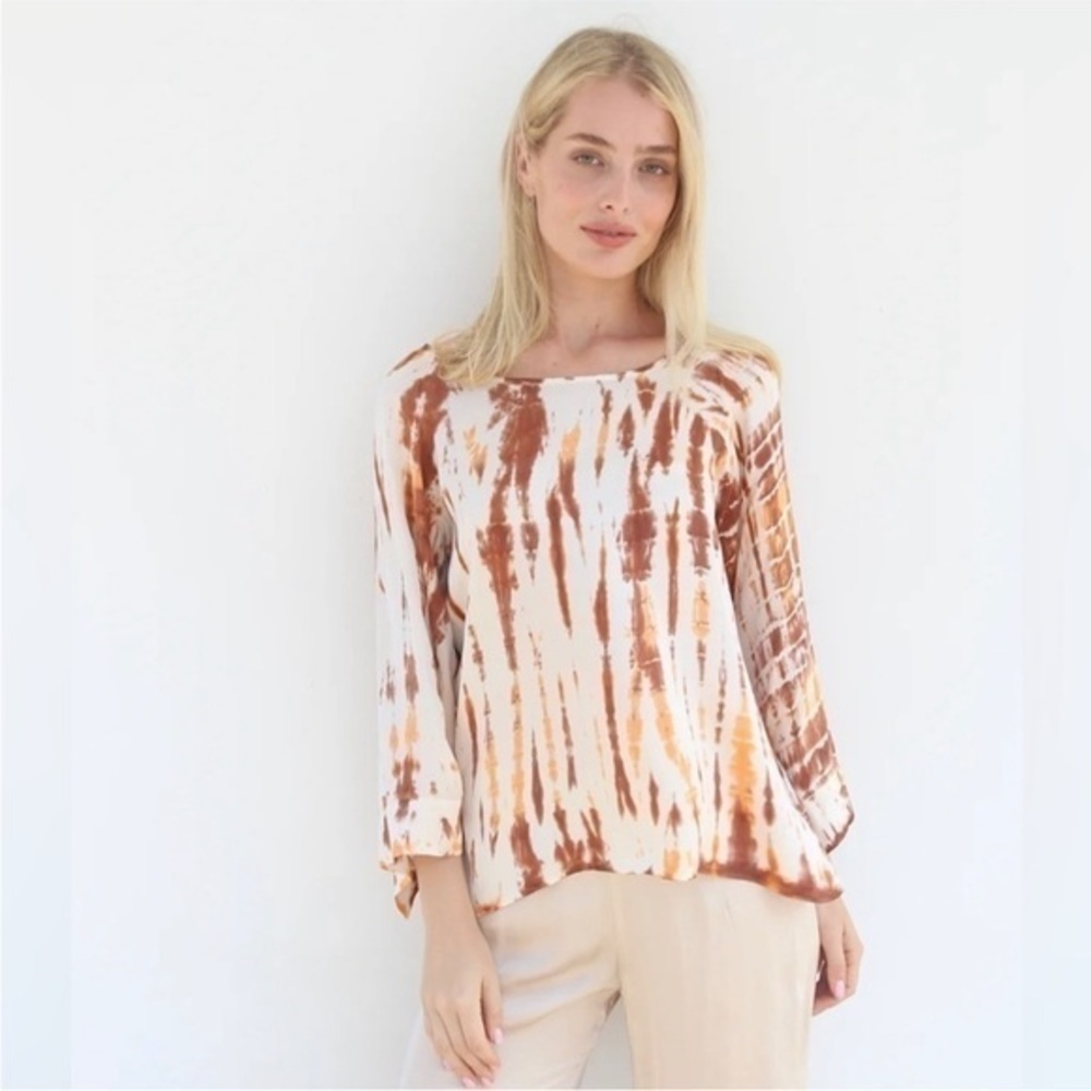 Stark X tie dye satin rustic orange cuff 3/4 Sleeve blouse L